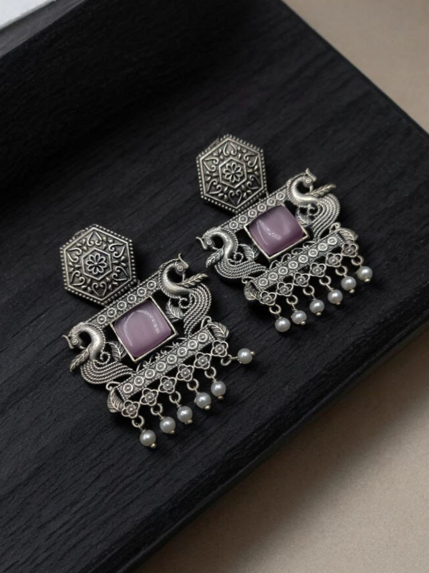Dangler Peacock Earrings | Best Oxidised Monalisa Silver Replica Earring With Pearl Beads