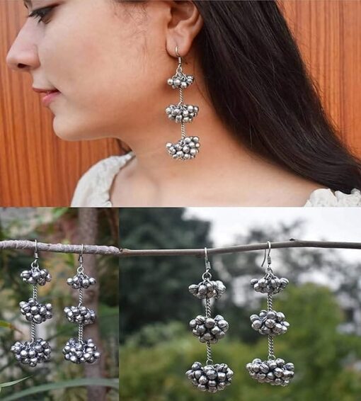 Hanging Style Ghungru Earrings | Silver Replica Hook Earrings