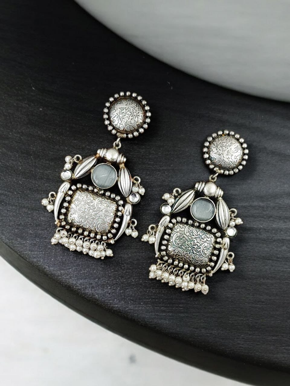 Hand-Made Earrings | Best Silver Replica Monalisa Stone Stud with Pearl Work