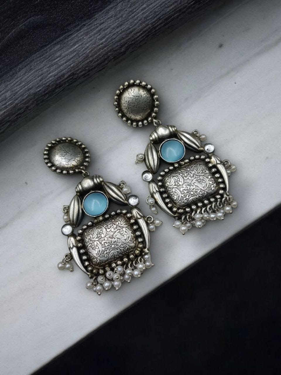 Hand-Made Earrings | Best Silver Replica Monalisa Stone Stud with Pearl Work