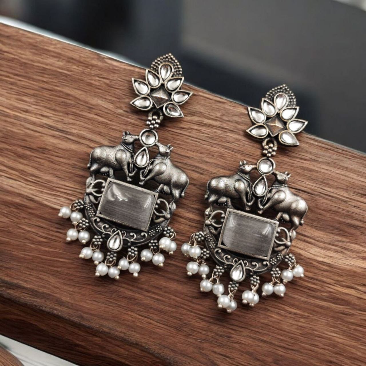 Lightweight Oxidized Nandi Earrings with Silver Touch & Beautiful Monalisa Stone