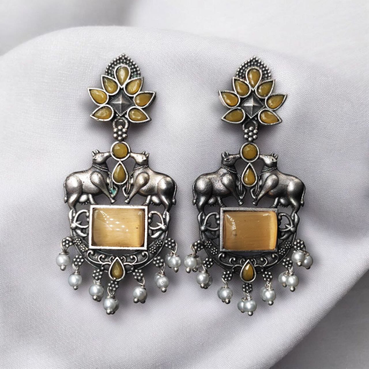 Lightweight Oxidized Nandi Earrings with Silver Touch & Beautiful Monalisa Stone