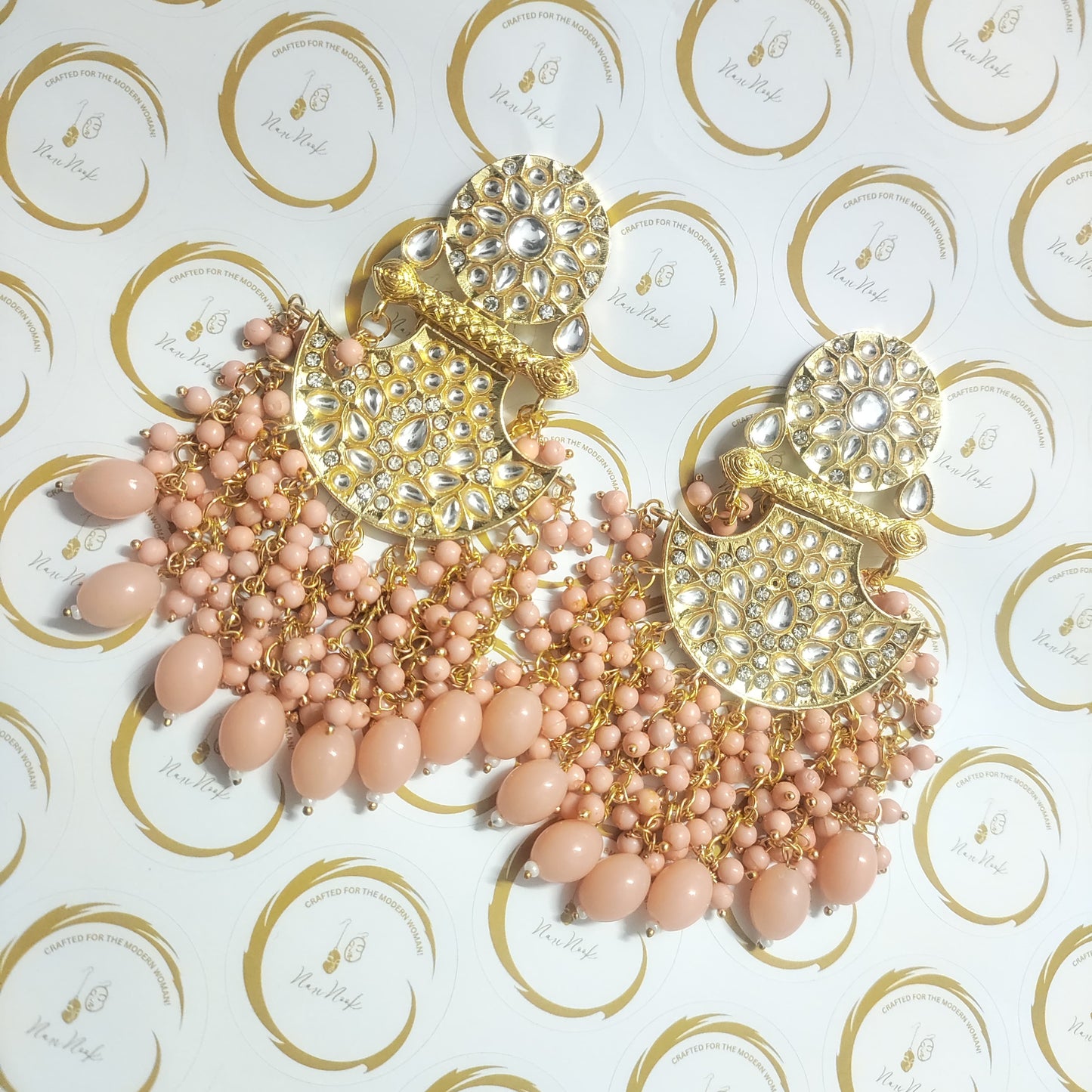 Premium Gold Plated Kundan Meenakari Stud Earrings | Peach