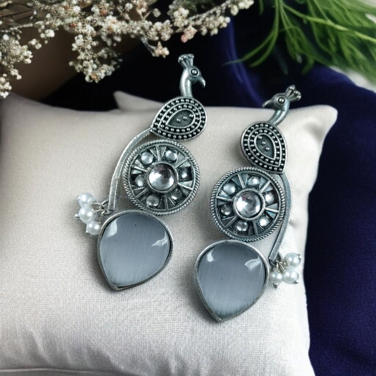 Traditional Unique Peacock Design Earrings in Oxidized Silver with Monalisa Stone and Pearl