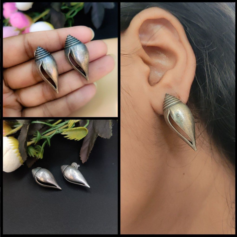 Shankh Stud Oxidised Earrings – Best Daily Wear Silver Replica Jewellery
