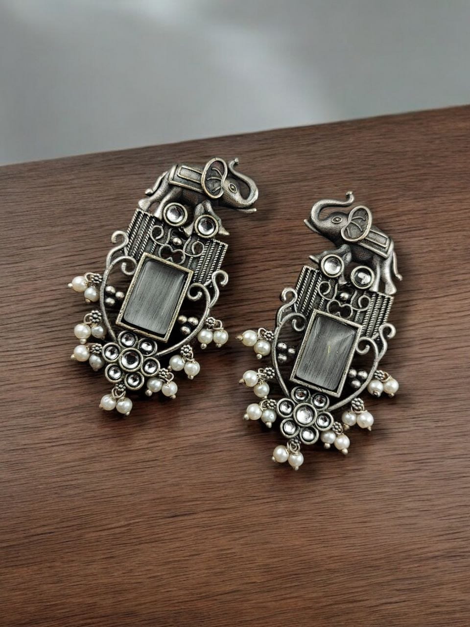 Antique Silver Plated Elephant Design Earrings | Best Traditional Indian Stone Stud Jewelry