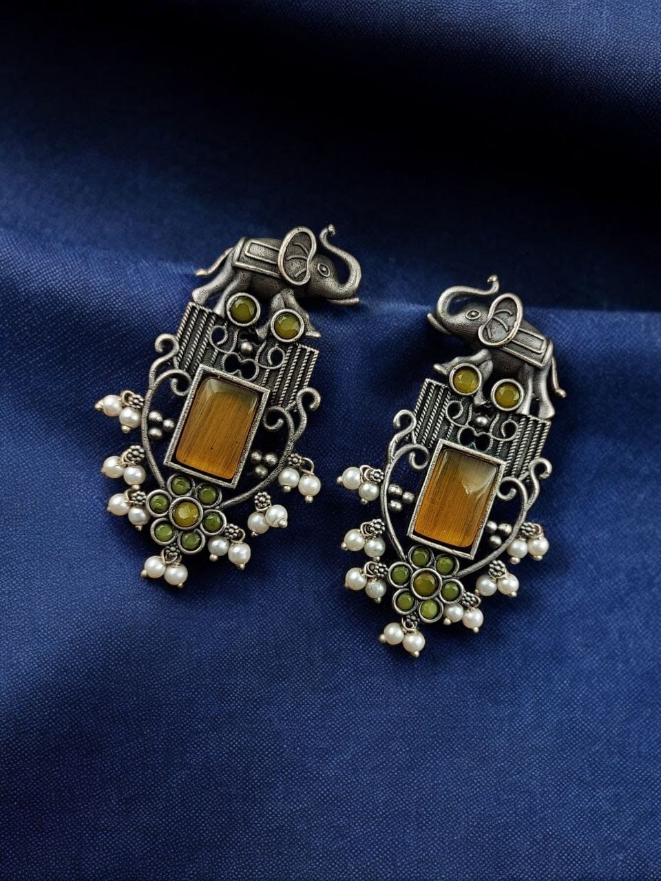 Antique Silver Plated Elephant Design Earrings | Best Traditional Indian Stone Stud Jewelry