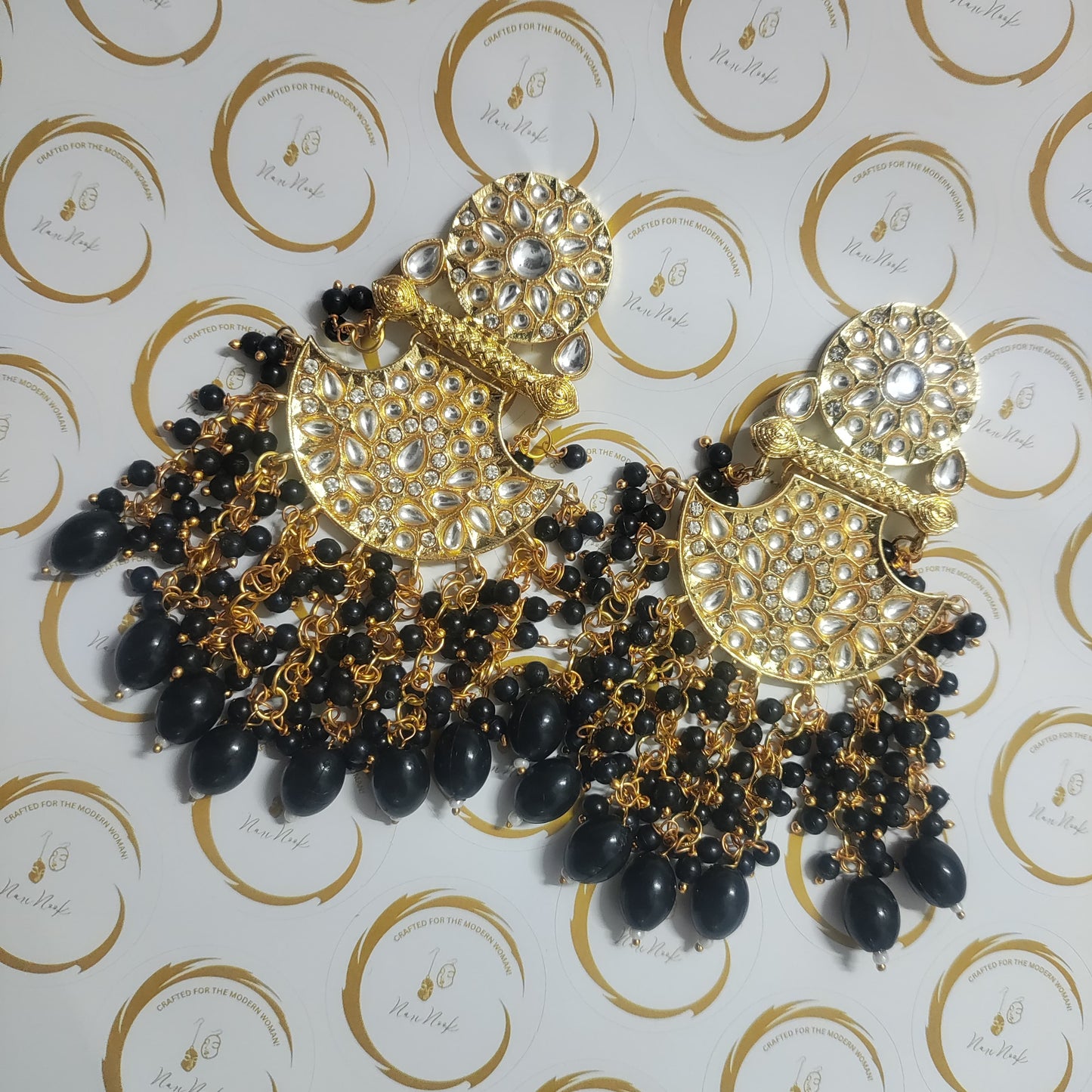 Premium Gold Plated Kundan Meenakari Stud Earrings | Black Hue