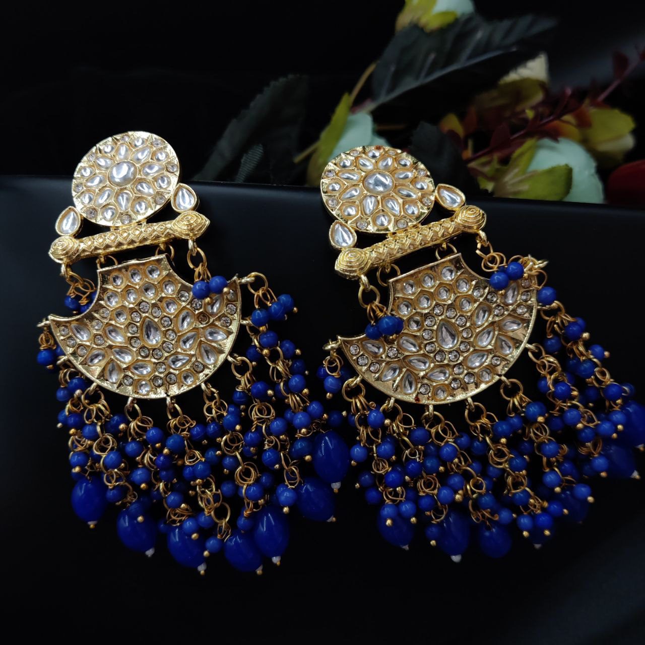 Premium Gold Plated Kundan Meenakari Stud Earrings | Blue
