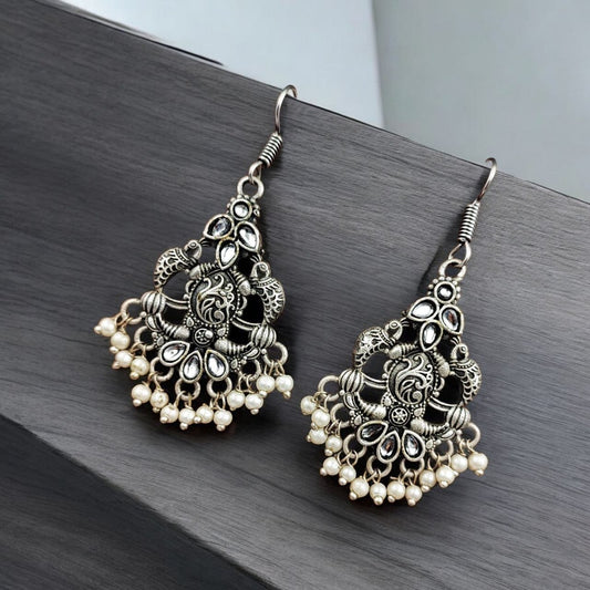 Brass Peacock Hanging Earrings with Stone Accents