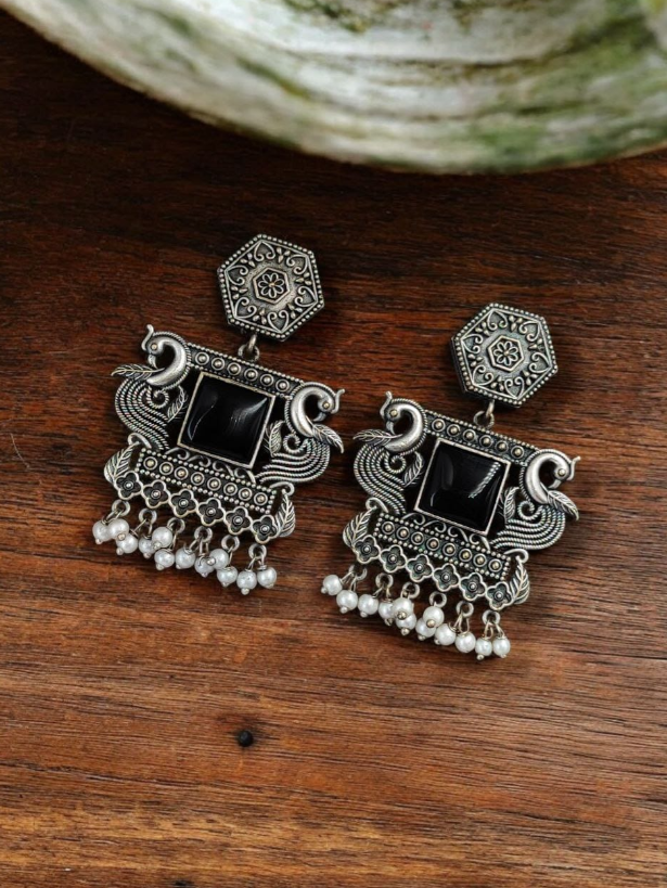 Dangler Peacock Earrings | Best Oxidised Monalisa Silver Replica Earring With Pearl Beads