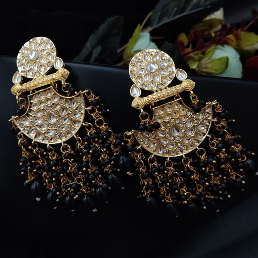 Premium Gold Plated Kundan Meenakari Stud Earrings | Black Hue