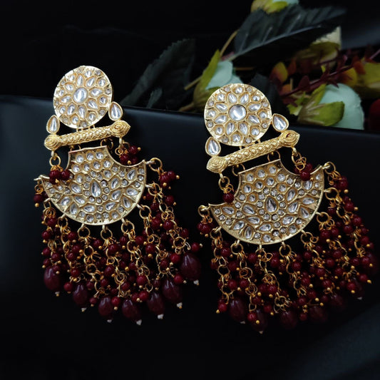 Premium Gold Plated Kundan Meenakari Stud Earrings | Wine Red