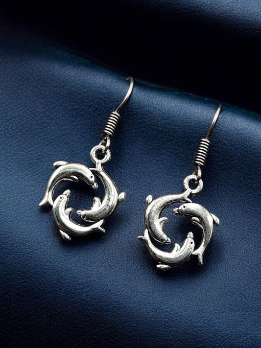 Oxidized Dolphin Fish Earrings | German Silver Hook Earrings For Daily wear