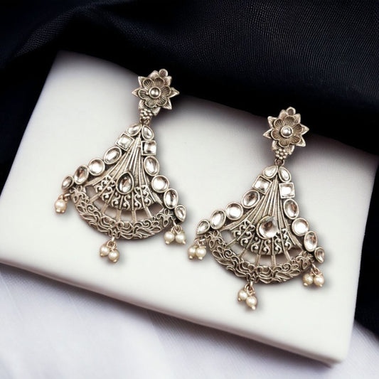 Elegant Brass Hanging Stud Earrings with Stone