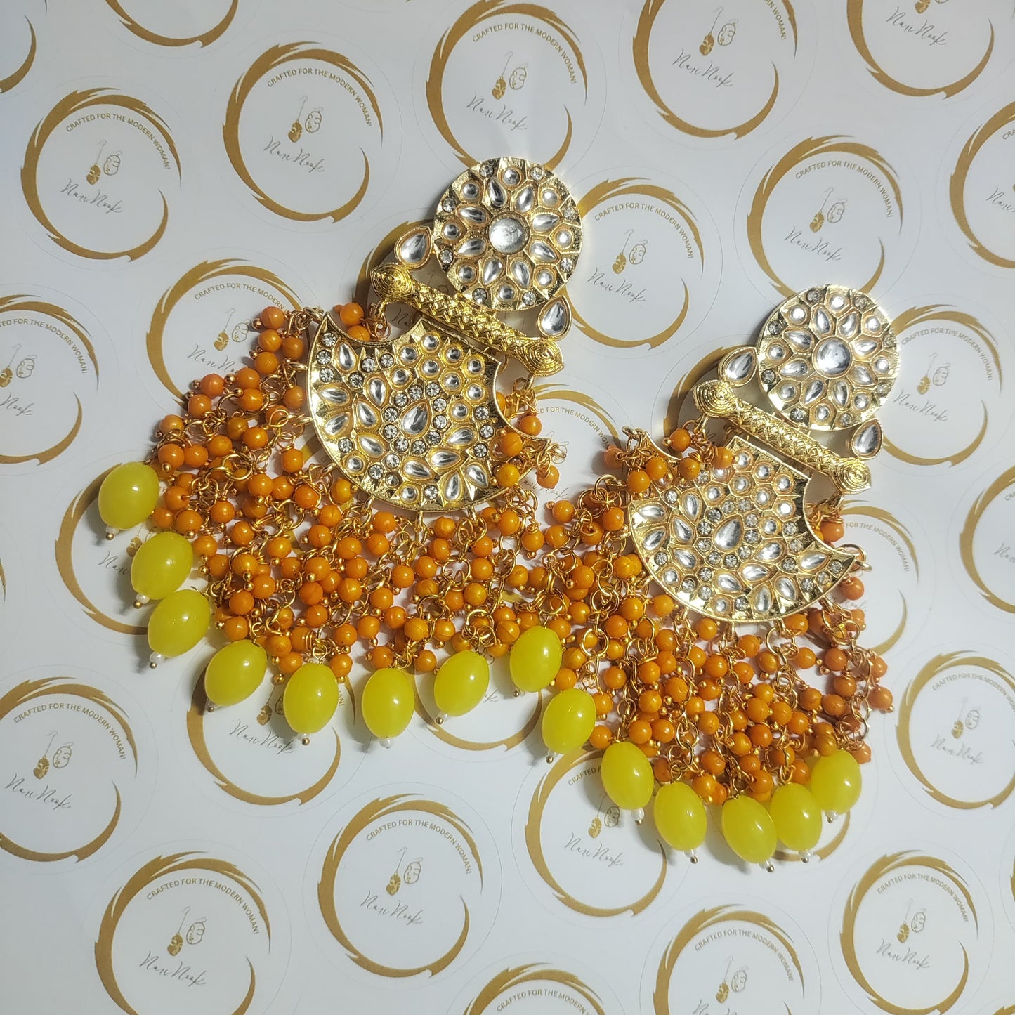 Premium Gold Plated Kundan Meenakari Stud Earrings | Fire Yellow