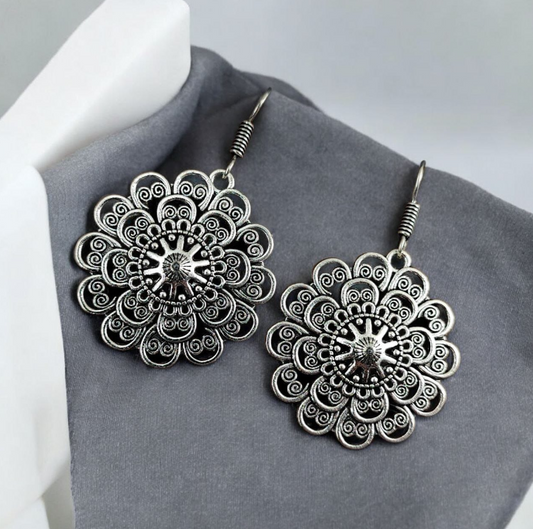Oxidized Flower Art Earrings | Adorable German Silver Hook Design Earring