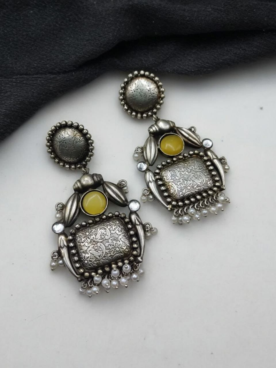 Hand-Made Earrings | Best Silver Replica Monalisa Stone Stud with Pearl Work