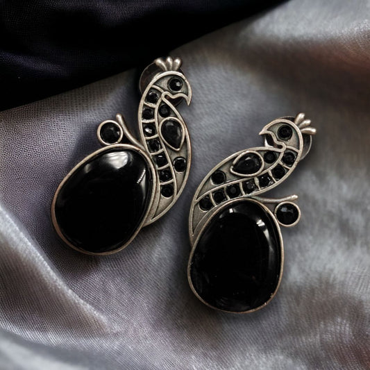 Jaipuri Oxidised Silver Replica Peacock Earrings With Perfect Monalisa Stone and Pearl Work