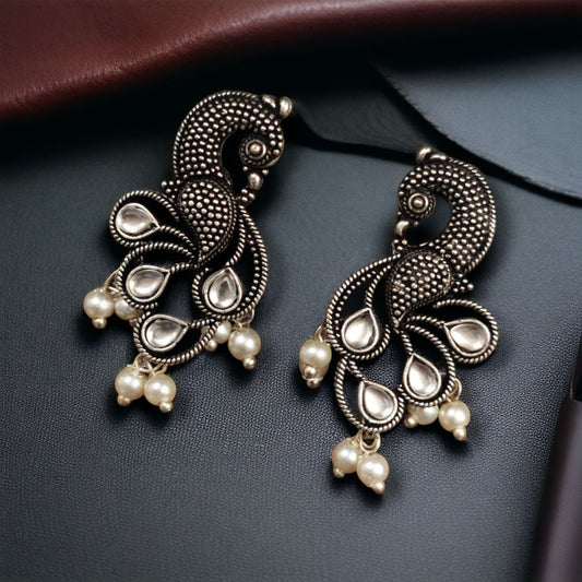 Oxidized Light weighted Amazing Peacock Stud Earrings with Intricate Pearl & Stone