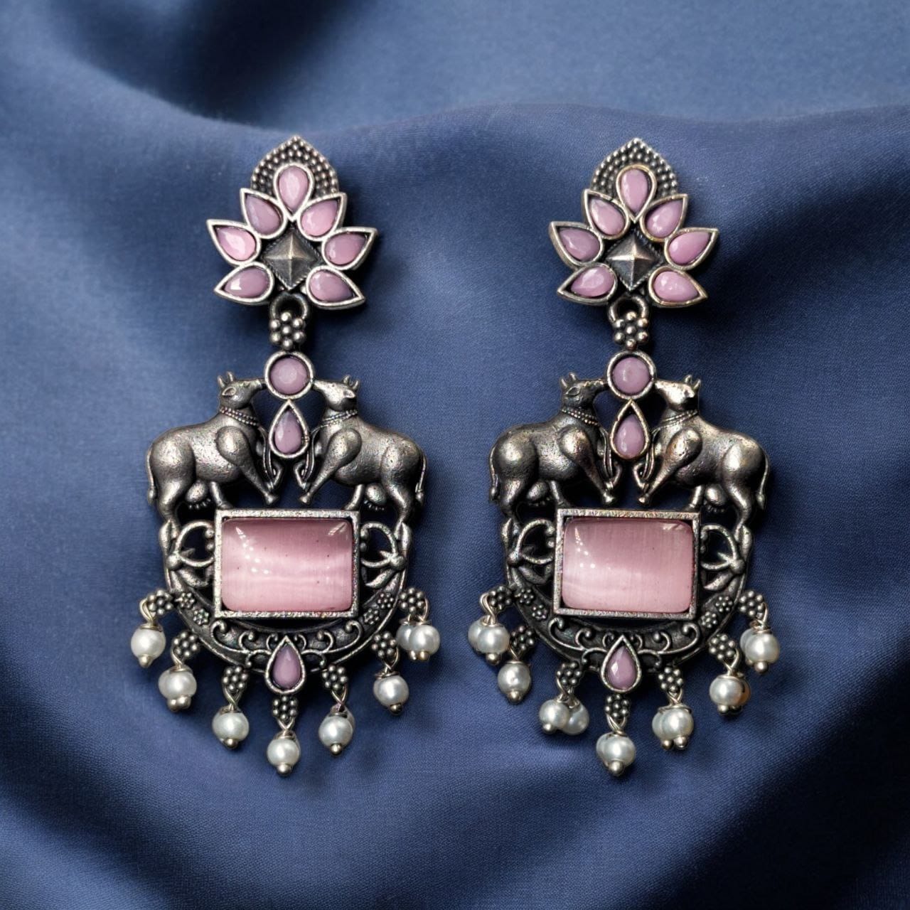 Lightweight Oxidized Nandi Earrings with Silver Touch & Beautiful Monalisa Stone