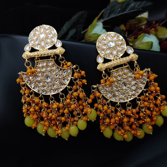Premium Gold Plated Kundan Meenakari Stud Earrings | Fire Yellow
