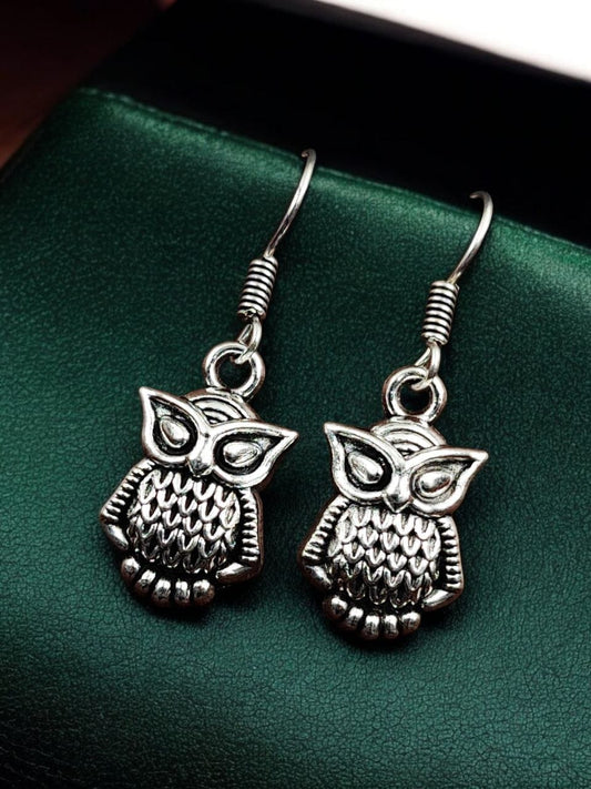 German Silver Owl Design Earrings | Oxidized Light Weight Jewelry