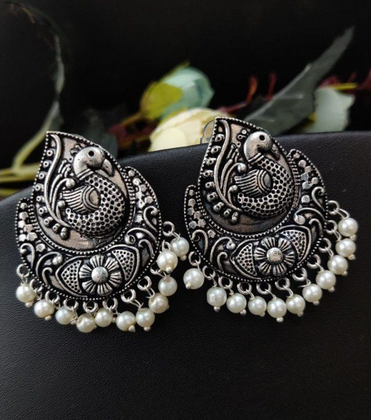 Oxidised Peacock Stud Earrings with Pearl Work