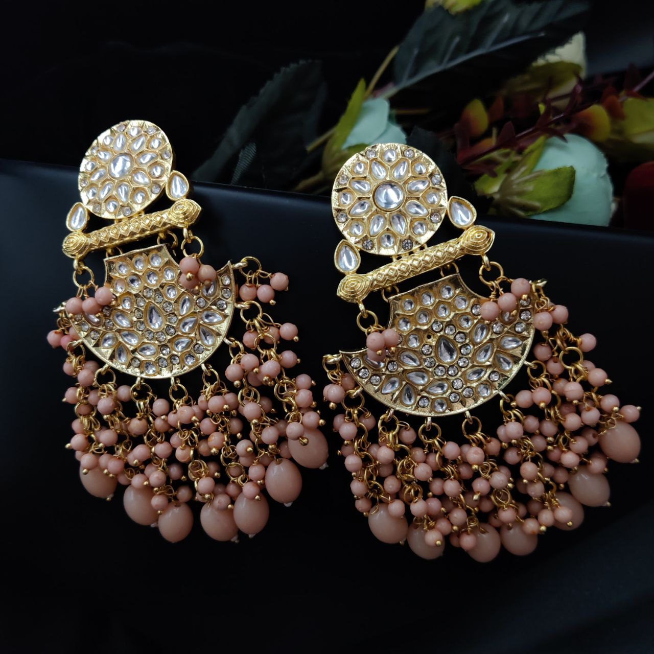 Premium Gold Plated Kundan Meenakari Stud Earrings | Peach