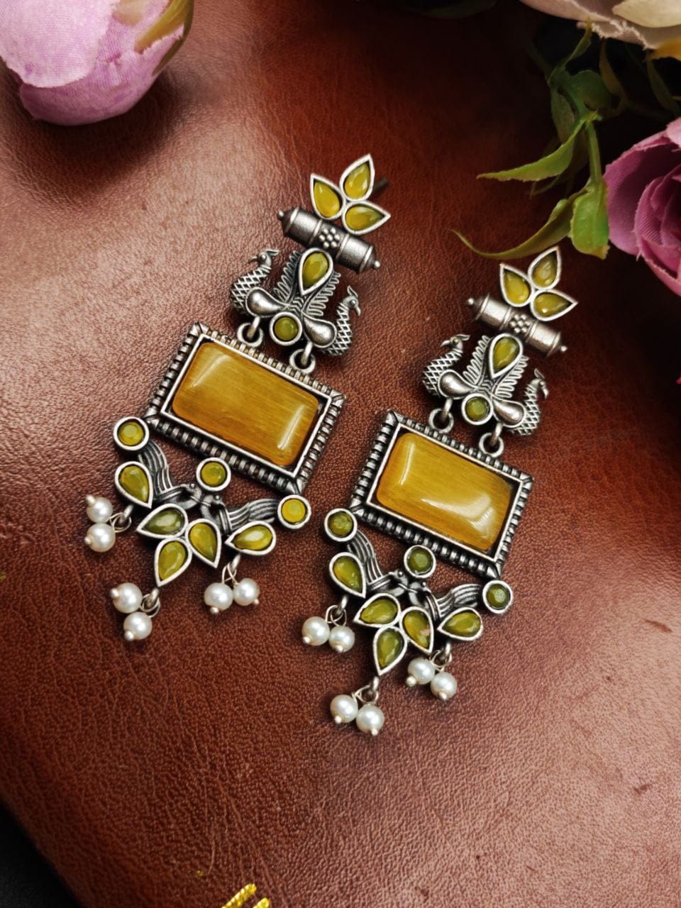 Adorable Peacock Earrings – Silver Replica Monalisa Stone Dangler Earring