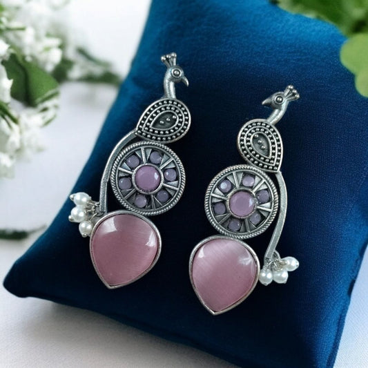 Traditional Unique Peacock Design Earrings in Oxidized Silver with Monalisa Stone and Pearl