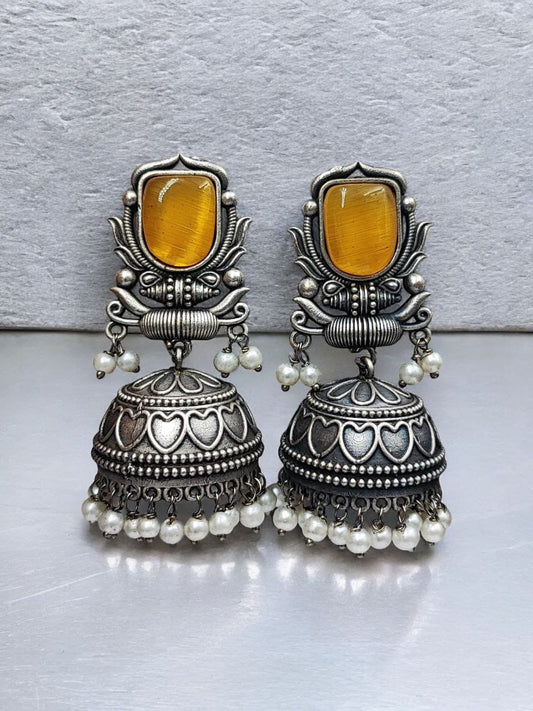 Silver Look Jhumka Earrings | Adorable Traditional Jhumki With Stone & Pearl Work