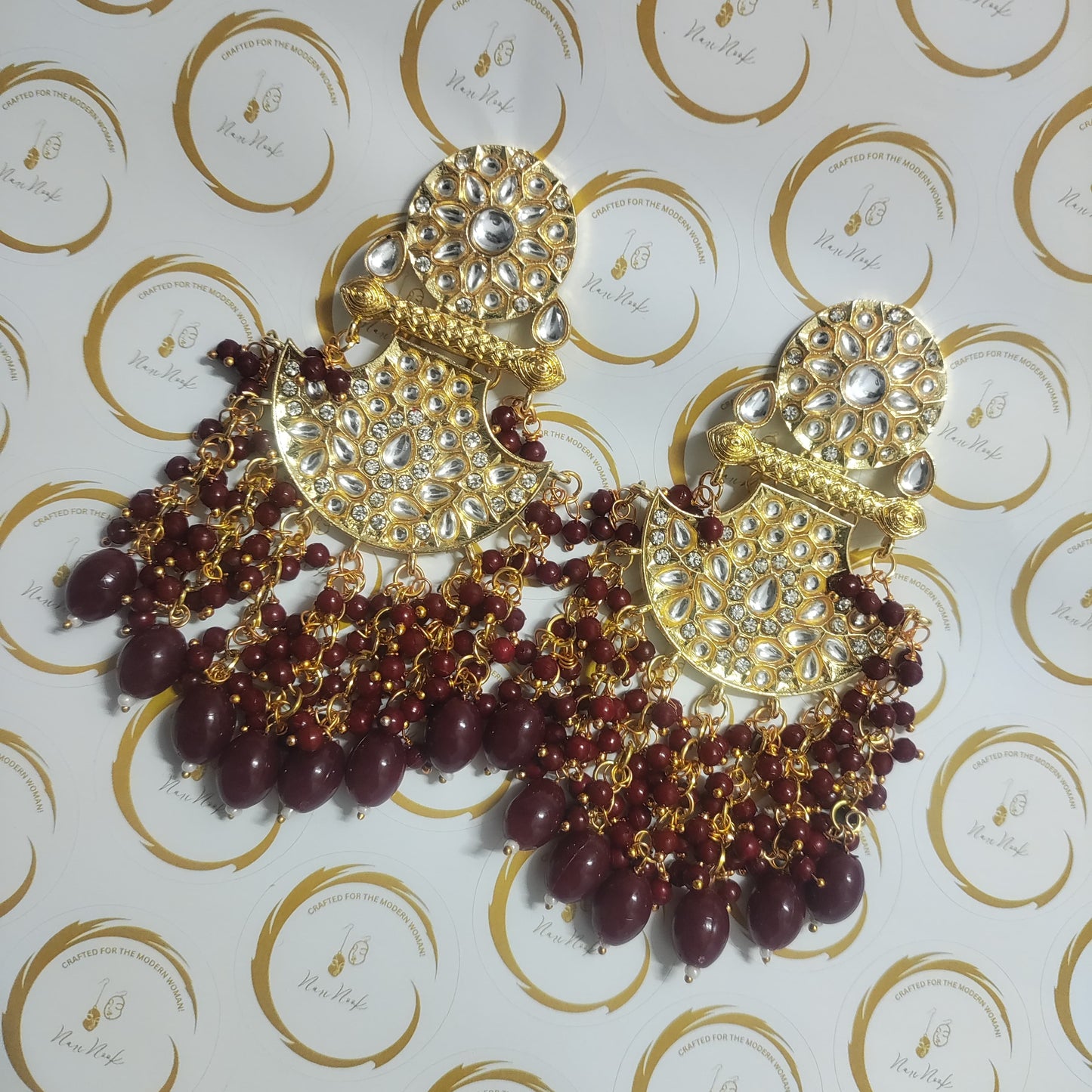 Premium Gold Plated Kundan Meenakari Stud Earrings | Wine Red